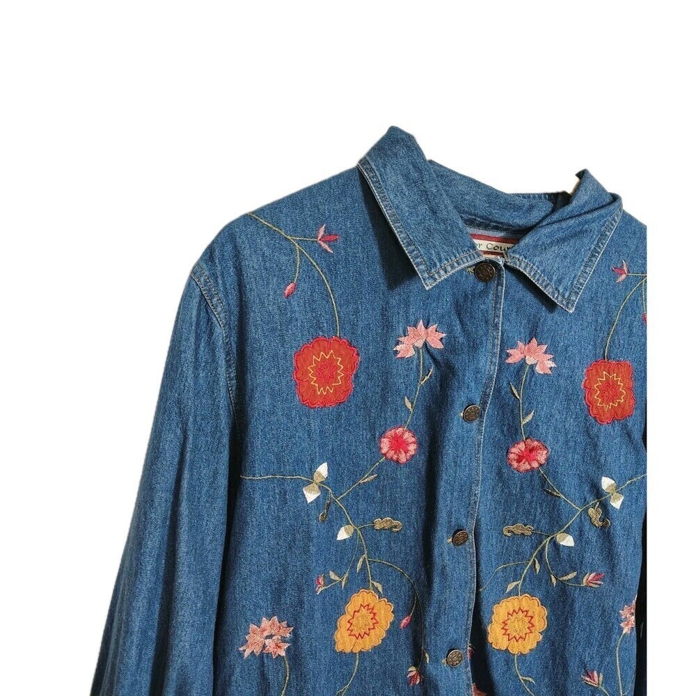 Vintage Embroidered Denim Shirt Jacket Womens 2X Floral Button Front Boho Folk - Picture 4 of 12